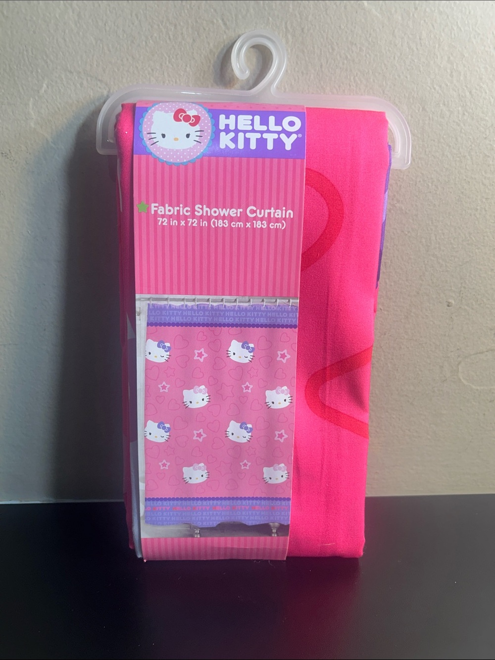 Sanrio Hello Kitty fabric shower curtain measures 72 inches by 72 inches